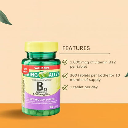 Vitamin B12 Timed-Release Spriing Vallley Tablets Dietary Supplement 1,000 Mcg, 300 Count