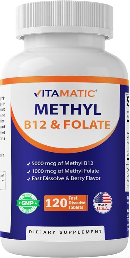 Vitamatic Methyl Folate & B12 Supplement with Pyridoxal 5 Phosphate (P-5-P) - Promotes Cardiovascular Health & Energy Metabolism - 120 Fast Dissolve Tablets - Non GMO & Gluten Free