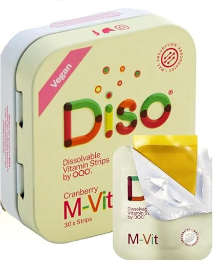 DISO - M-VIT - Fast-Dissolving Multivitamin Oral Strips, Cranberry Flavor, Vegan, Sugar Free, Gluten Free, Individually Wrapped, 30 Dissolvable Strips