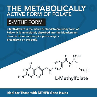 L Methylfolate 7.5mg plus Methyl B12 - Active 5-MTHF Form, MTHFR Supplement - Bloodstream Ready Methylated Folate + B12 Cofactor - Supports Mood, Homocysteine Methylation, Cognition (60 Capsules)
