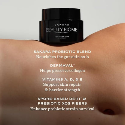 Sakara Beauty Biome – Daily Synbiotic for Skin & Gut Health with Probiotics, Dermaval®, Vitamins A, D, E, Antioxidants, Prebiotics & Enzymes – Supports Clear, Radiant, Hydrated Skin – 60 Capsules