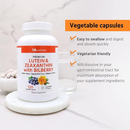 ML Naturals Premium Lutein & Zeaxanthin with Bilberry 120 Vegetable Capsules. Lutein 40 mg, Zeaxanthin 5 mg, and Bilberry 400 mg. Premium Quality. Healthy Eyes & Vision, NSF-Certified & cGMP-Compliant
