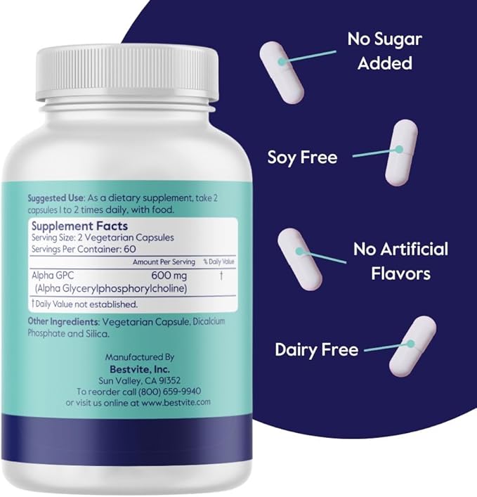 Alpha GPC 600mg per Serving (240 Vegetarian Capsules) (120x2) - No Stearates - Vegan - Non GMO - Gluten Free