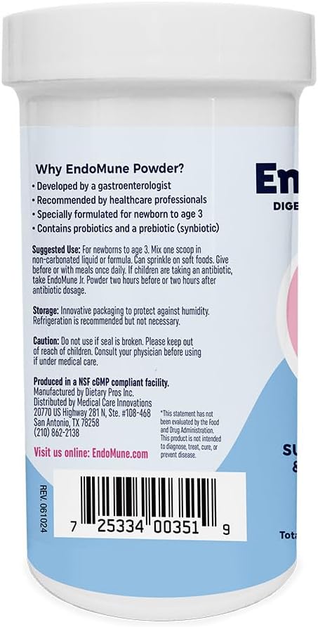 Endomune Jr Advanced Probiotic Powder for Newborns, Infants, Toddlers & Baby | 10 Billion CFUs | 4 Strains Bacteria & FOS Prebiotic | Physician Formulated | 60 Day Supply