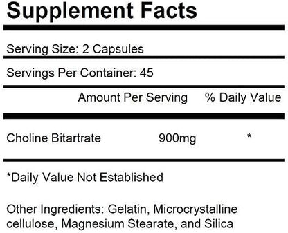 2 Bottles Choline Bitartrate 900mg Per Serving 180 Total Capsules KRK Supplements