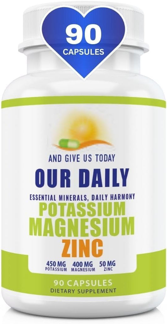 Magnesium Potassium Supplements W Zinc - 90 Capsules 400MG Magnesium,450MG Potassium,50MG Zinc for Vascular Health – High Absorption Vegan Potassium Magnesium Supplement for Leg Cramps and Sleep
