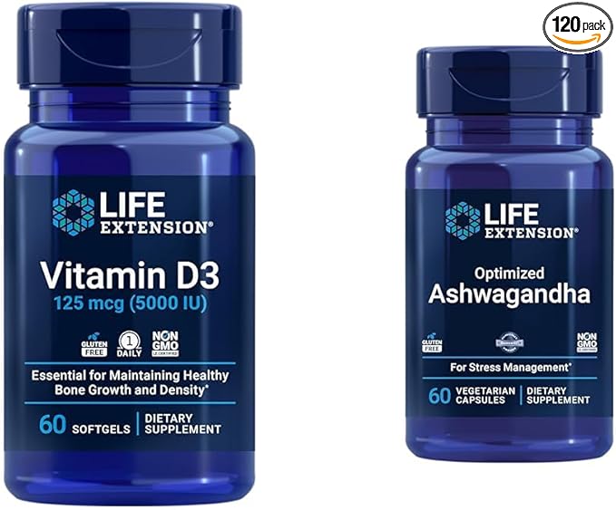 Life Extension Vitamin D3 5000 IU, Ashwagandha - Stress Relief, Focus, Memory, Mood Support - Non-GMO Supplement Bundle
