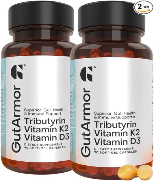 GutArmor Tributyrin Vitamin Complex, 180 Softgels, 350mg Butyrate with D3 3000IU & K2 120mcg, Gut Health Support