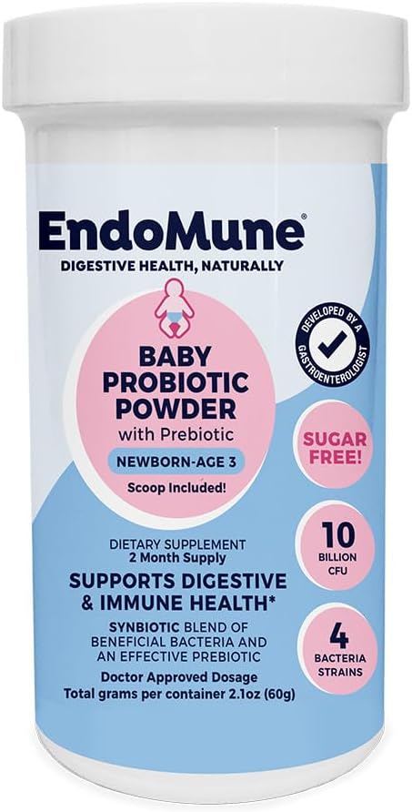 Endomune Jr Advanced Probiotic Powder for Newborns, Infants, Toddlers & Baby | 10 Billion CFUs | 4 Strains Bacteria & FOS Prebiotic | Physician Formulated | 60 Day Supply