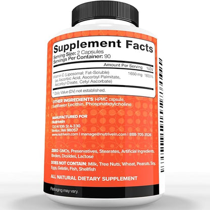 Nutrivein Premium Liposomal Vitamin C Supplement 1650mg - 180 Caps: High-Absorption Vitamin C Capsules for Whole-Body Defenses & Overall Well-Being