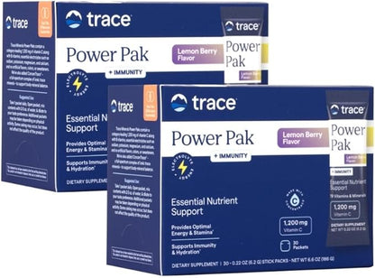 Trace Minerals | Power Pak Electrolyte + Immunity Boost Drink Packets | 1200 mg Vitamin C, Elderberry, Zinc, D3, B6, B12 | Immunity, Hydration, & Energy Support | Fizzy Lemon Berry | 60 Packets