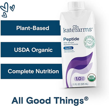 KATE FARMS Organic Adult Peptide 1.0 Formula, Vanilla, Sole-Source, Hydrolyzed Plant-Based Nutrition for Oral or Tube Feeding, 11 Fl oz (12 Pack)