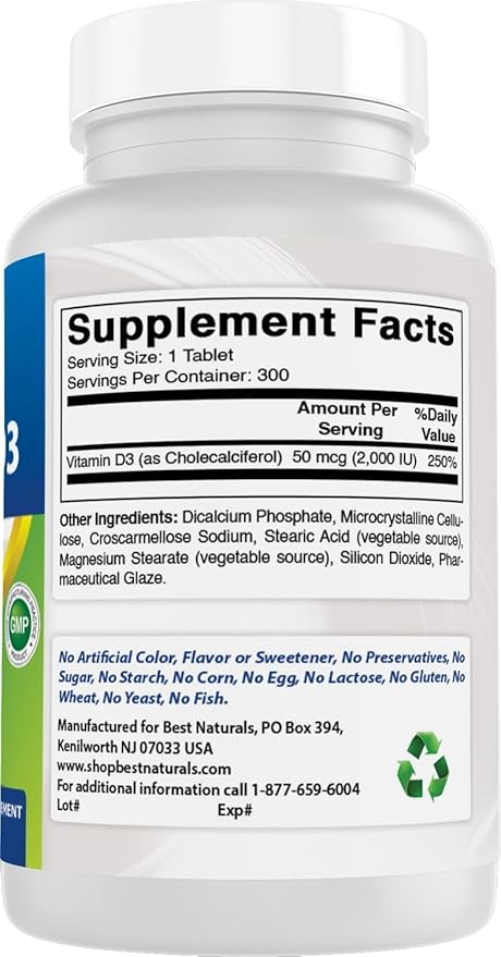 Best Naturals Vitamin D3 2000 IU – 300 Tablets – Made in USA, Non-GMO, Gluten Free, No Artificial Color, Flavor or Preservatives – Dietary Supplement.