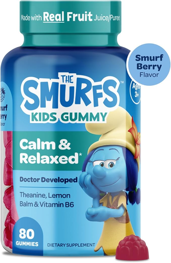 Smurfs Kids Calm Gummies | Calming Gummies for Kids with Lemon Balm & L Theanine | Made with Real Fruit | Doctor Developed | Gelatin Free Non-GMO No Artificial Flavors or Colors | 40 Servings