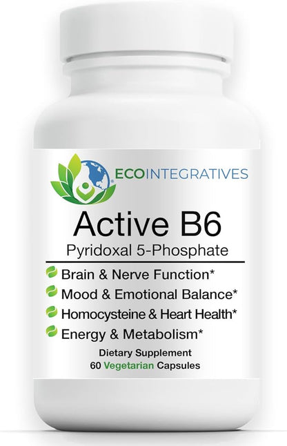 EcoIntegratives® Active B6 – 33.8 mg Pyridoxal 5-Phosphate (P5P), High Potency Active Vitamin B6 for Energy, Mood, Nerve and Heart Support* – Non-GMO, Gluten Free, 60 Vegetarian Capsules