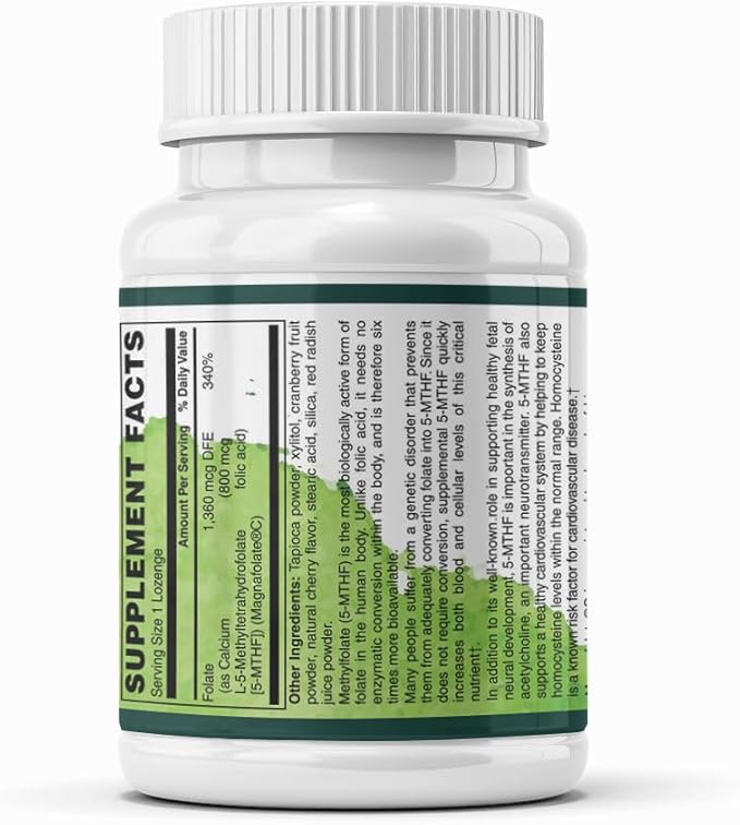 Methylfolate 800 mcg Sublingual Lozenges – Active L-5-MTHF for Homocysteine, Mood, Prenatal & Heart Support | Vegan, Non-GMO, Gluten-Free | 60 Fast-Dissolve Tablets