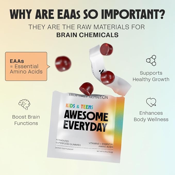 Awesome Everyday Superfood Gummies for Kids & Teens – Multivitamin for Boys & Girls - EAAs, Mushrooms & Adaptogens - Vegan, No Artificial Flavors, Colors or Seed Oils - Ages 2-15 - 28 Count