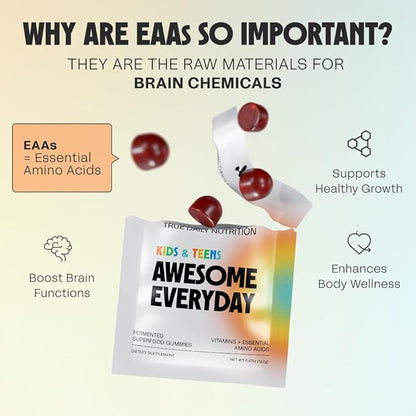 Awesome Everyday Superfood Gummies for Kids & Teens – Multivitamin for Boys & Girls - EAAs, Mushrooms & Adaptogens - Vegan, No Artificial Flavors, Colors or Seed Oils - Ages 2-15 - 28 Count