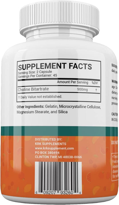 2 Bottles Choline Bitartrate 900mg Per Serving 180 Total Capsules KRK Supplements
