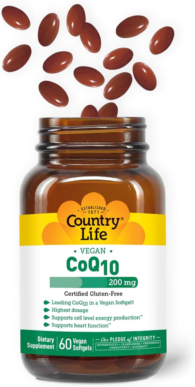 Country Life Simply CoQ10 200mg – Supports Heart Function & Cellular Energy, Vegan Softgels, Certified Gluten-Free, Non-GMO, 60 ct – Cardiovascular Health Supplement