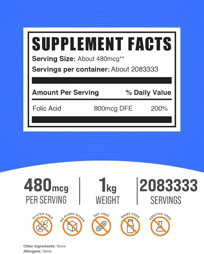 BulkSupplements.com Folic Acid Powder - Folate Supplement, Vitamin B9 - Gluten Free, 480mcg per Serving, 1kg (2.2 lbs) (Pack of 1)