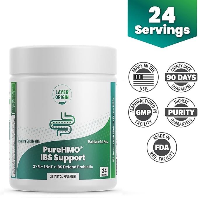 Layer Origin PureHMO IBS Support - Clinically Tested Super Prebiotic + Probiotic for IBS - Strengthen Gut Barriers and Restore Your Gut Functions