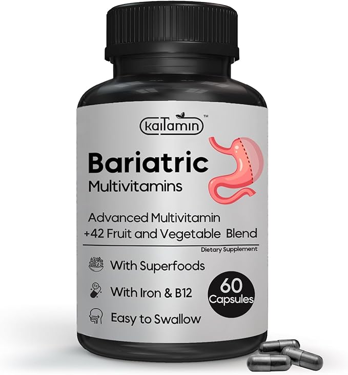 Bariatric Multivitamin with Iron - Easy-to-Swallow Capsule for Post Bariatric Surgery - Post Sleeve and Post Bypass with 42 Fruit & Veggies Blend - 60 Liquid Capsules