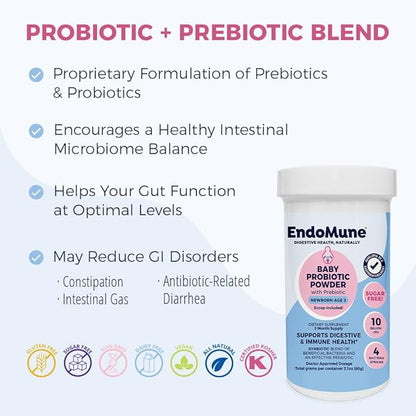 Endomune Jr Advanced Probiotic Powder for Newborns, Infants, Toddlers & Baby | 10 Billion CFUs | 4 Strains Bacteria & FOS Prebiotic | Physician Formulated | 60 Day Supply