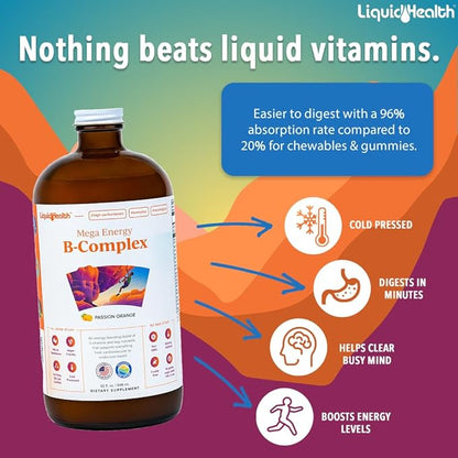 LIQUIDHEALTH Mega Energy B-Complex & Calcium and Magnesium Liquid Vitamin Bundle for Adults - Increase Natural Energy Level, Support Bone & Joint Health, Boost Immune System - Vegan, Non-GMO, USA Made