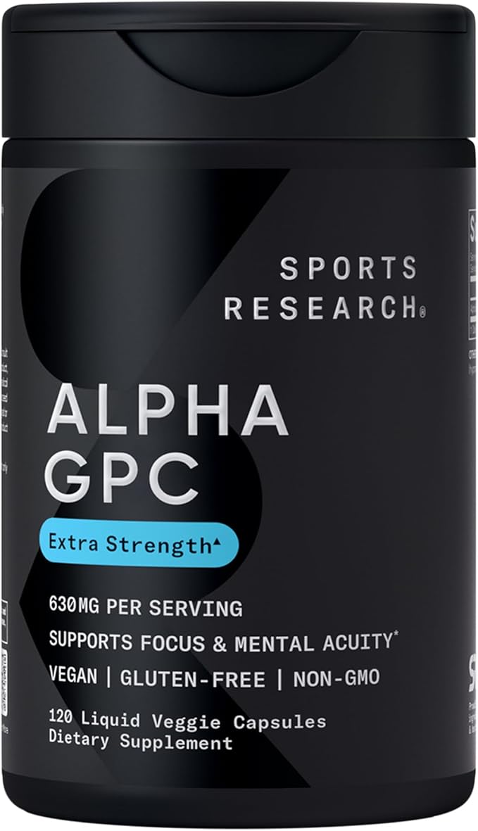 Sports Research® Alpha GPC 630mg (Extra Strength) - Bioavailable Source of Choline - Focus & Cognitive Support for Women & Men - Vegan Certified · Non-GMO · Gluten Free - 120 Liquid Capsules