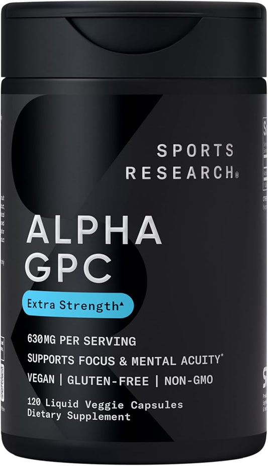 Sports Research® Alpha GPC 630mg (Extra Strength) - Bioavailable Source of Choline - Focus & Cognitive Support for Women & Men - Vegan Certified · Non-GMO · Gluten Free - 120 Liquid Capsules
