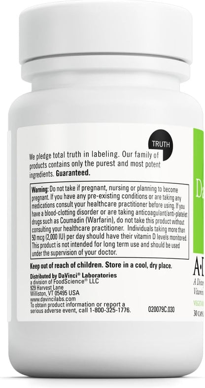 DAVINCI Labs ADK - Helps Support Bone, Heart & Immune Health - Dietary Supplement with Vitamins A, D3 & K2 (as MK-7) - Vegetarian, Gluten Free & Soy Free - 30 Capsules