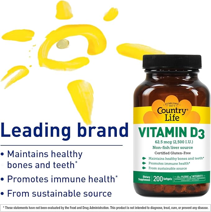 Country Life Vitamin D3 2500 IU – Non-Fish Derived, High Potency Vitamin D3 for Bone Strength, Immune Support & Calcium Absorption – Certified Gluten-Free, 200 Softgels