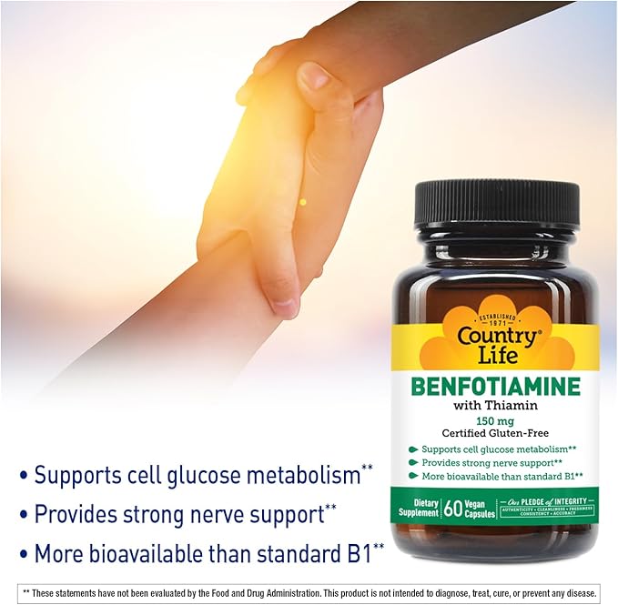 Country Life Benfotiamine with Thiamin, Nerve Health Support, 150mg, 60 Vegetarian Capsules, Certified Gluten Free, Certified Vegan