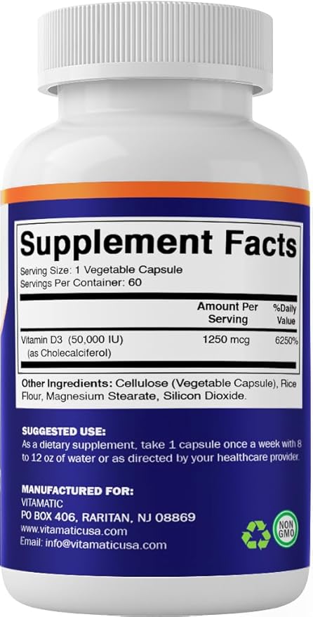 Vitamatic 2 Pack Vitamin D3 50,000 IU (as Cholecalciferol), Once Weekly Dose, 1250 mcg, 60 Veggie Capsules 1 Year Supply, Progressive Formula Helping Vitamin D Deficiencies (Total 120 Veg Capsules)
