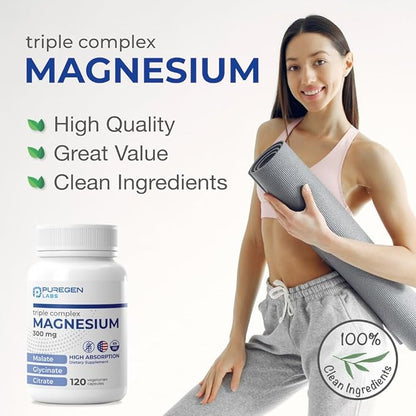 Puregen Labs Triple Magnesium Complex 300mg of Magnesium Glycinate, Malate, & Citrate [High Absorption] 120 Veg Capsules | No Harmful Additives | Non-GMO, NO Gluten and Dairy | Made in USA