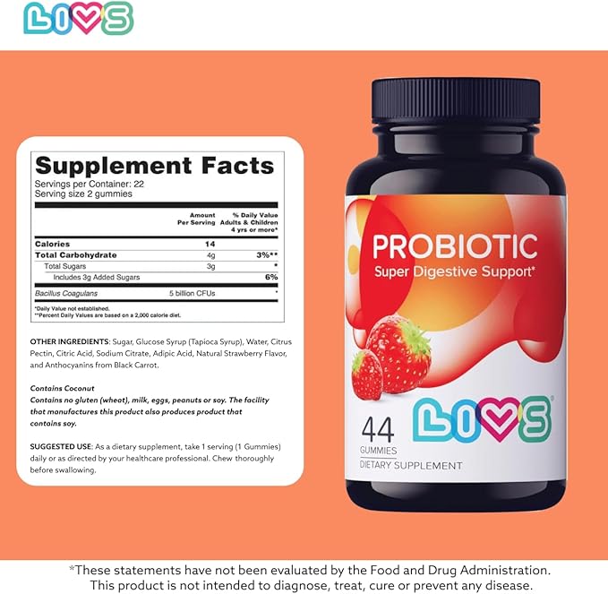 Probiotic Gummies for Women and Men – 5 Billion CFUs Bacillus Coagulans for Digestive Gut Health, Mood Support & Immune Boost | All Natural, Plant-Based, Vegan, Strawberry Flavor - 44 Count