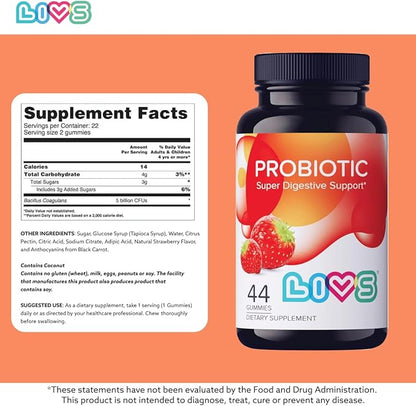 Probiotic Gummies for Women and Men – 5 Billion CFUs Bacillus Coagulans for Digestive Gut Health, Mood Support & Immune Boost | All Natural, Plant-Based, Vegan, Strawberry Flavor - 44 Count