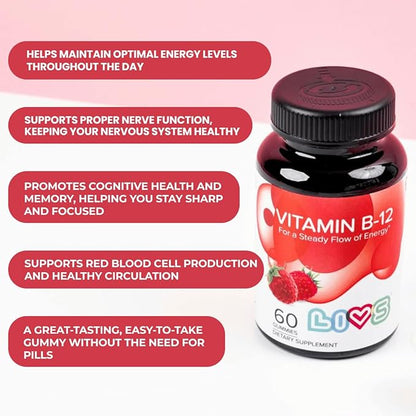 Vitamin B12 Gummies for Adults & Kids | Vegan Methylcobalamin B12 Supplement | Energy, Metabolism & Nerve Support | Raspberry Flavor | Non-GMO, Gluten-Free, Pectin-Based | 120 Count