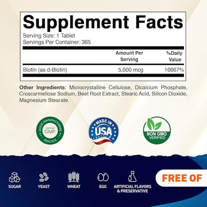 Vitamatic Biotin 5000mcg (5 mg) for Stronger Hair, Skin & Nails - 365 Vegan Tablets- Also Called Vitamin B7-2 Pack