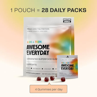 Awesome Everyday Superfood Gummies for Kids & Teens – Multivitamin for Boys & Girls - EAAs, Mushrooms & Adaptogens - Vegan, No Artificial Flavors, Colors or Seed Oils - Ages 2-15 - 28 Count