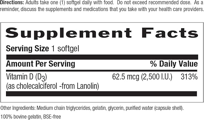 Country Life Vitamin D3 2500 IU – Non-Fish Derived, High Potency Vitamin D3 for Bone Strength, Immune Support & Calcium Absorption – Certified Gluten-Free, 200 Softgels