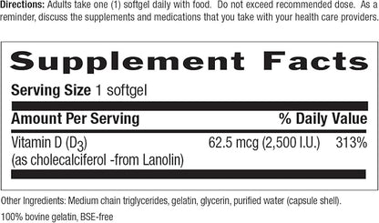 Country Life Vitamin D3 2500 IU – Non-Fish Derived, High Potency Vitamin D3 for Bone Strength, Immune Support & Calcium Absorption – Certified Gluten-Free, 200 Softgels