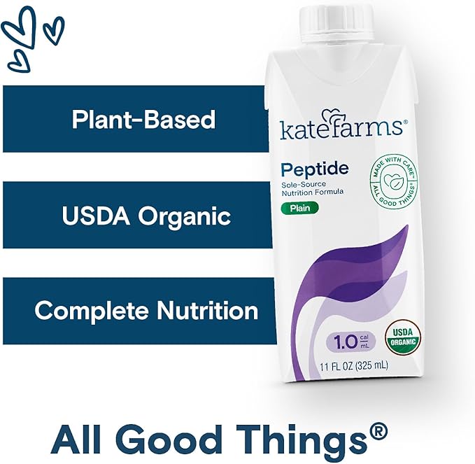 KATE FARMS Organic Adult Peptide 1.0 Formula, Plain, Sole-Source, Hydrolyzed Plant-Based Nutrition for Oral or Tube Feeding, 11 Fl oz (12 Pack)