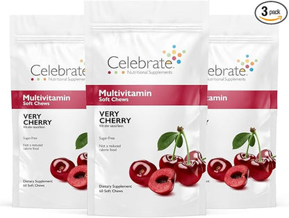 Celebrate Vitamins Bariatric Multivitamin Soft Chews - Essential Vitamins & Minerals, Sugar & Gluten Free - Gastric Bypass & Sleeve Gastrectomy Supplement - Cherry (180ct)