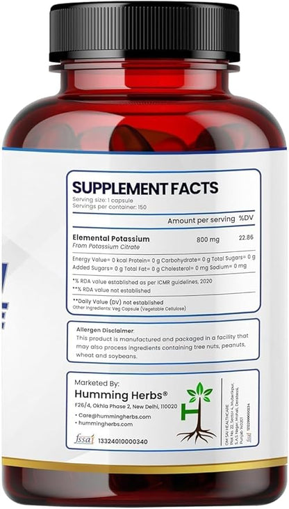 Potassium Citrate 800mg – 150 Vegan Capsules | Daily Electrolyte & Mineral Support | No Additives | Non-GMO
