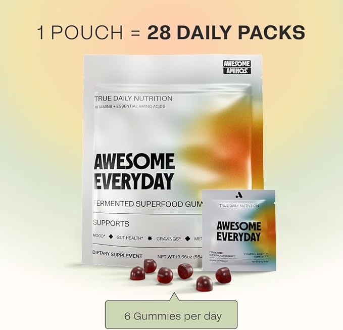 Awesome Everyday Superfood Gummies for Adults – Daily Multivitamin for Women & Men - EAAs, Mushrooms & Adaptogens - Vegan, No Artificial Flavors, Colors or Seed Oils - Essential Amino Acids - 28 Count