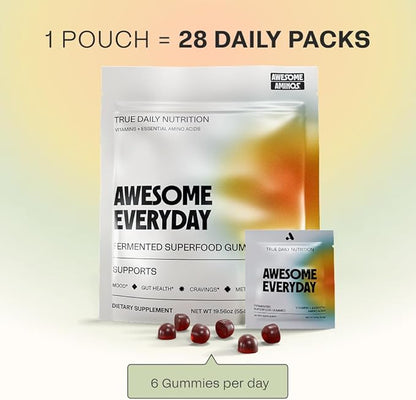 Awesome Everyday Superfood Gummies for Adults – Daily Multivitamin for Women & Men - EAAs, Mushrooms & Adaptogens - Vegan, No Artificial Flavors, Colors or Seed Oils - Essential Amino Acids - 28 Count