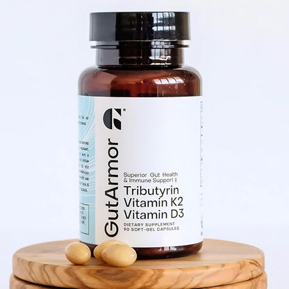 GutArmor Gut & Heart Health + Immune Support | 3 Month Supply | 90 Soft Gel Capsules | Pure Butyrate 350mg & Vitamin D3 2000IUs & Vitamin K2 120mcg | Heart Health | Gastrointestinal Support
