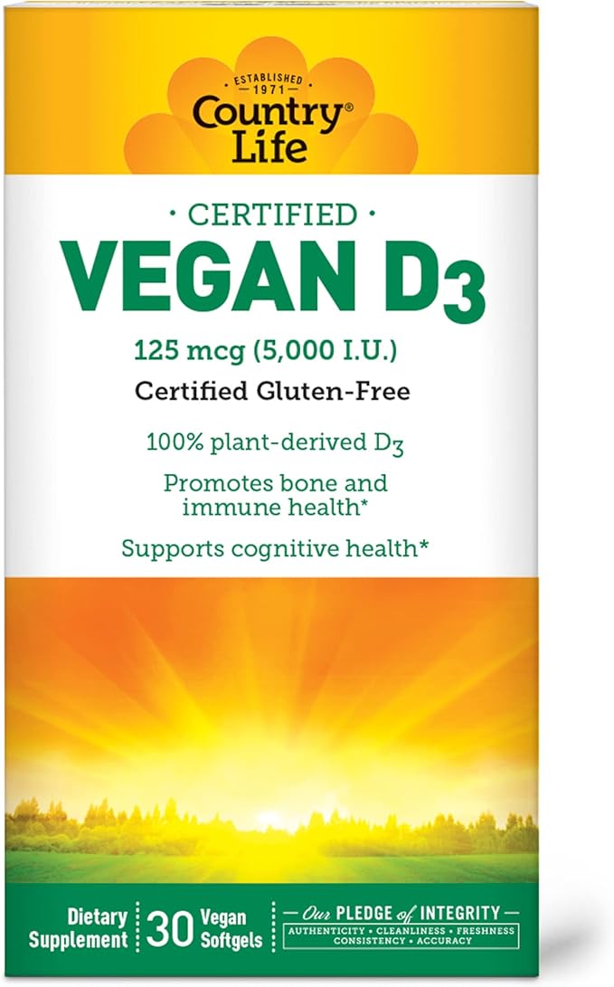 Country Life Vegan D3 5000 IU – Plant-Derived Vitamin D3 from Lichen – High Potency Immune & Bone Support – Certified Vegan, Gluten-Free, Non-GMO – 30 Softgels